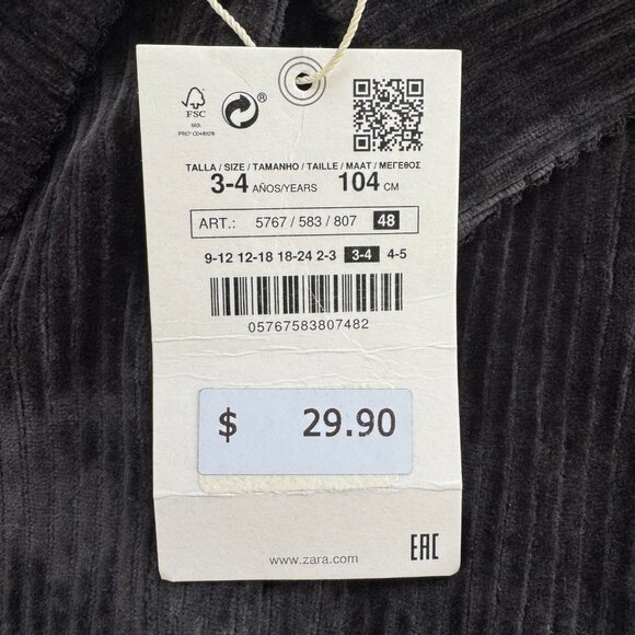 ZARA Corduroy Dress | Peter Pan Collar, Long Sleeve | Charcoal | 3–4Y | NWT - Picture 5 of 5